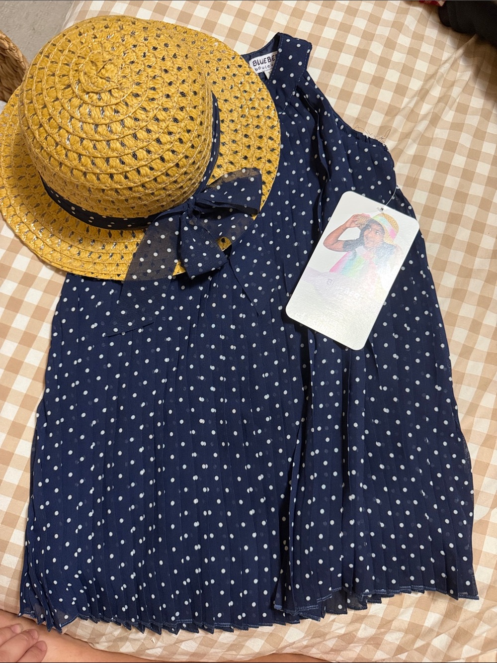 Blueberi Boulevard Navy Polka Dot Dress with Straw Hat